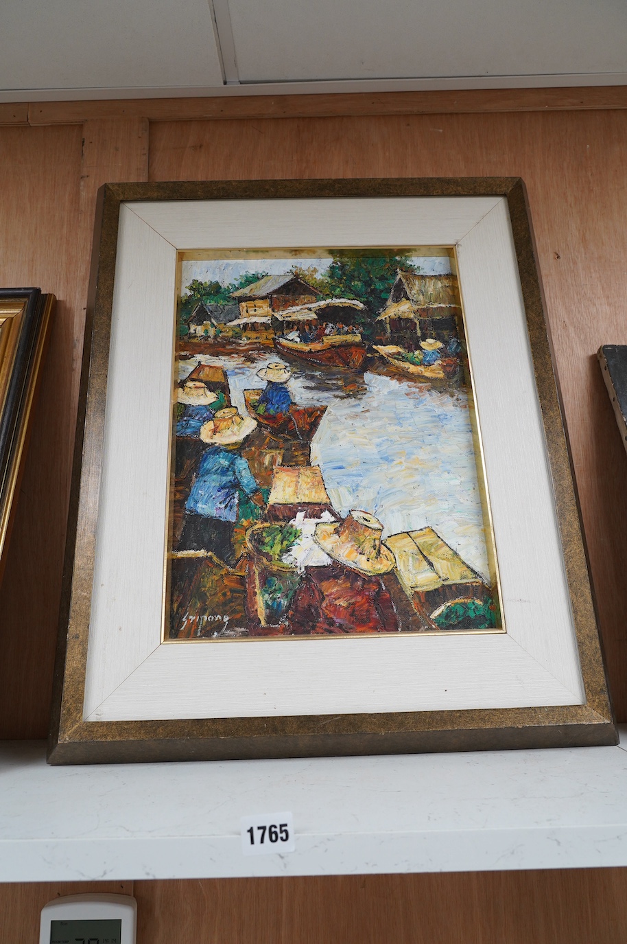 Sripong, impasto oil on canvas, Bangkok riverscape with figures and boats, signed, 40 x 29cm. Condition - good